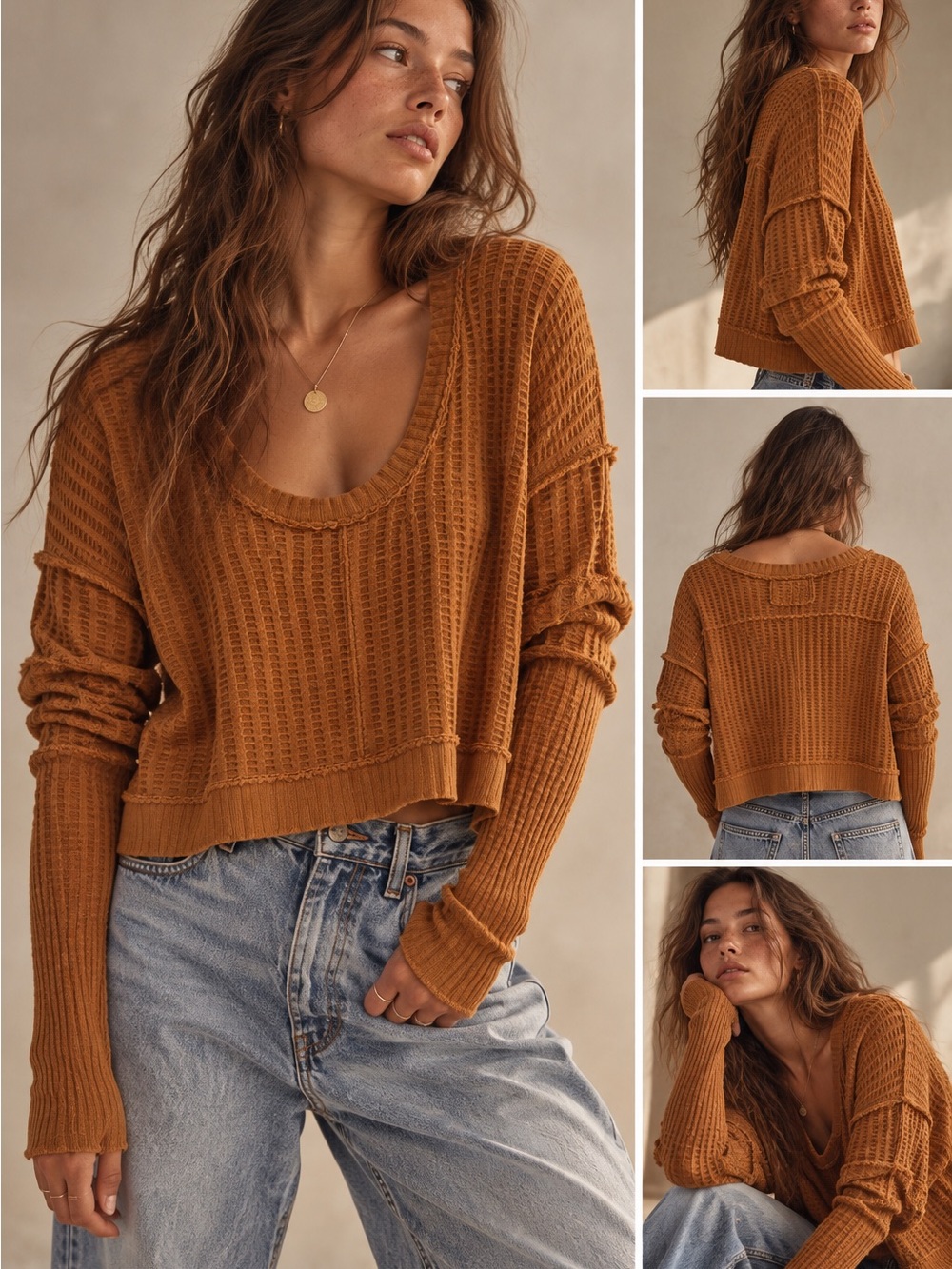 We The Free Cropped Waffle-Knit Sweater in Cognac